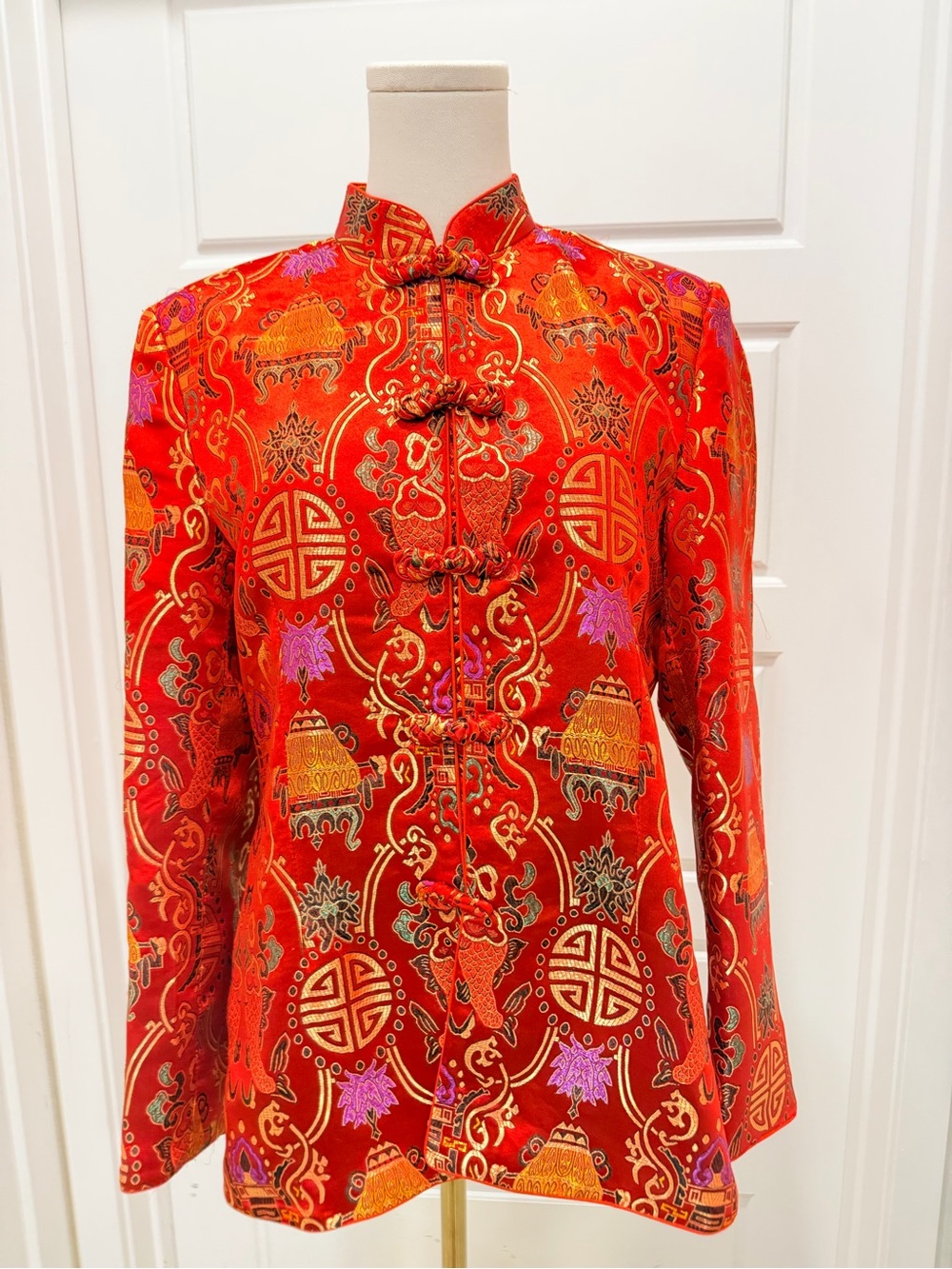 Red Brocade Mandarin Jacket with Gold Embroidery - Picture 1 of 9